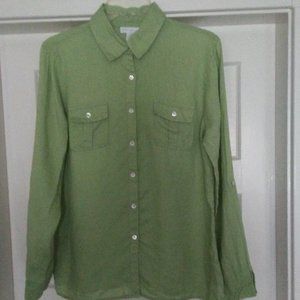 Charter Club 100% Linen Lt Lime Green Button Down Long Roll Sleeve Pocket Top XL